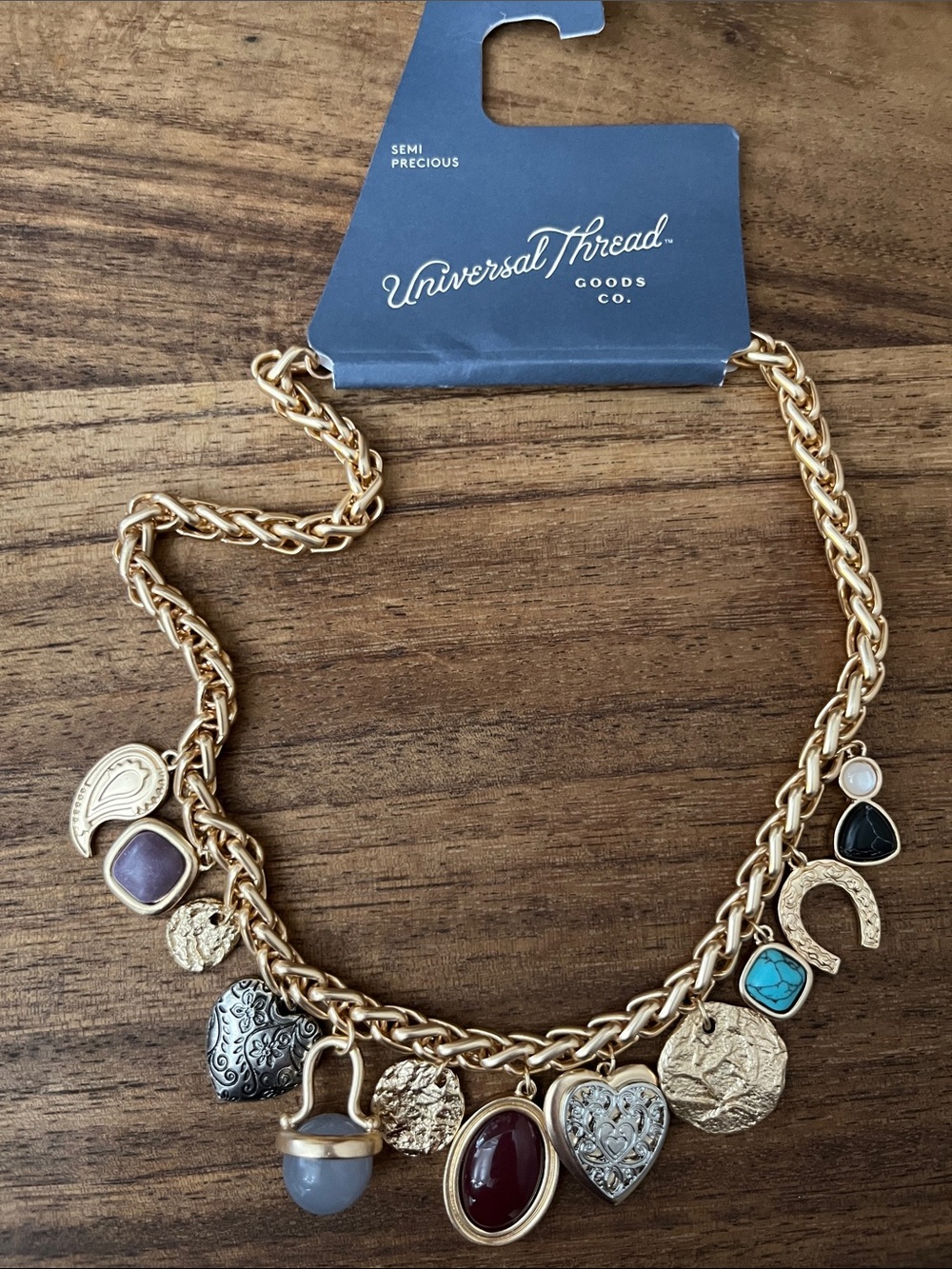Universal Thread Gold-Tone Charm Necklace with Multicolored Stone Accents